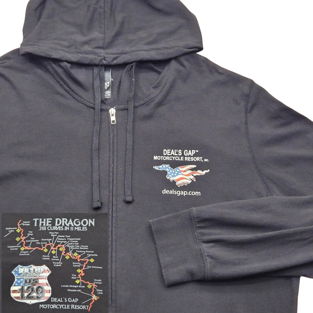 Deals Gap Motorcycle Resort The Dragon Zip Up‎ Hooded Shirt Black Mens XL